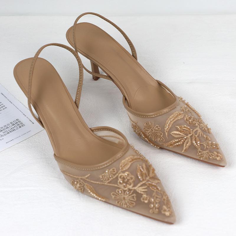 Luxury  High Heels Women Sandals Mesh Embroider Elegant Pointed Ladies Slingback Evening Party Wedding Bridal Dress Shoes