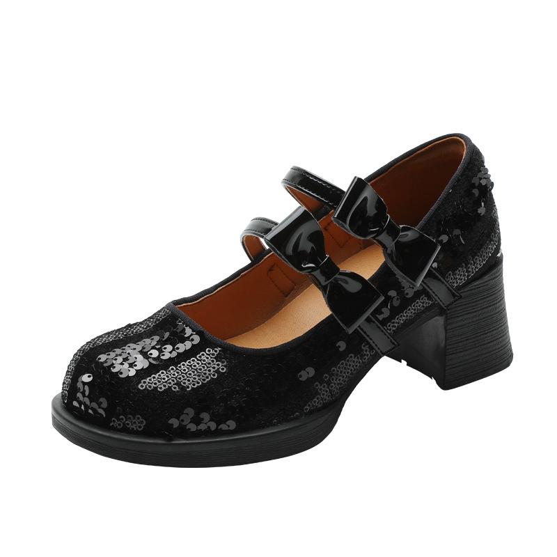 High-heeled Mary Jane women's shoes 2025 spring and autumn new round head thick heel butterfly sequins light mouth word with black single shoes