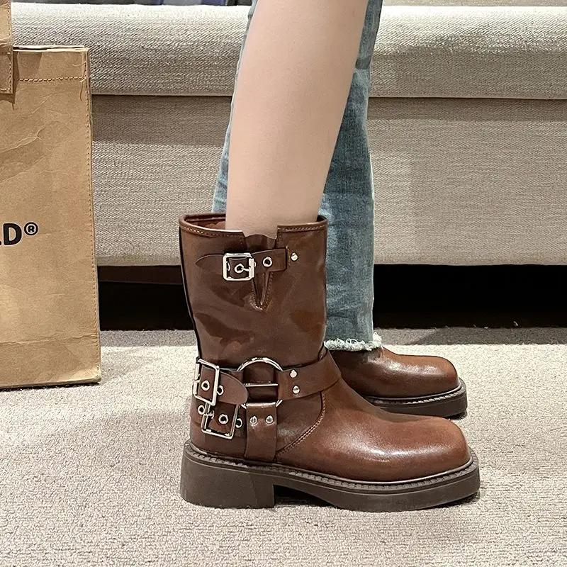 New In Ladies Mid Calf Shoes Brown Women's Half High Boots Platform Waterproof Chic and Elegant Winter 2025 Novelty On Promotion