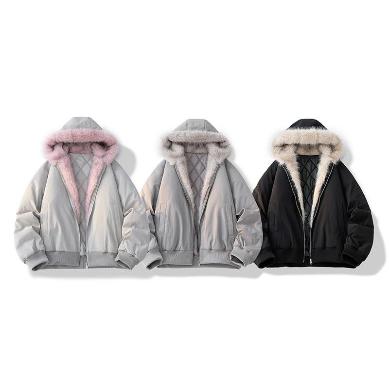 Mens Winter Hooded Thickened Fleece-Lined Warm Jacket With Fur Trim Windproof Casual Outerwear