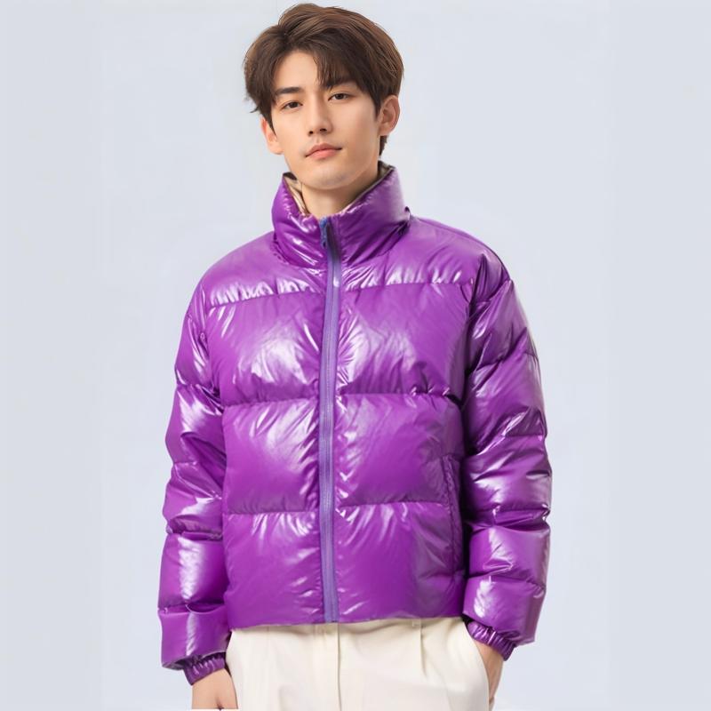New Era FW21 Big Logo Reversible Shiny Warm Bread Collar Loose Short Zip Down Jacket Unisex Jackets Purple 12877423