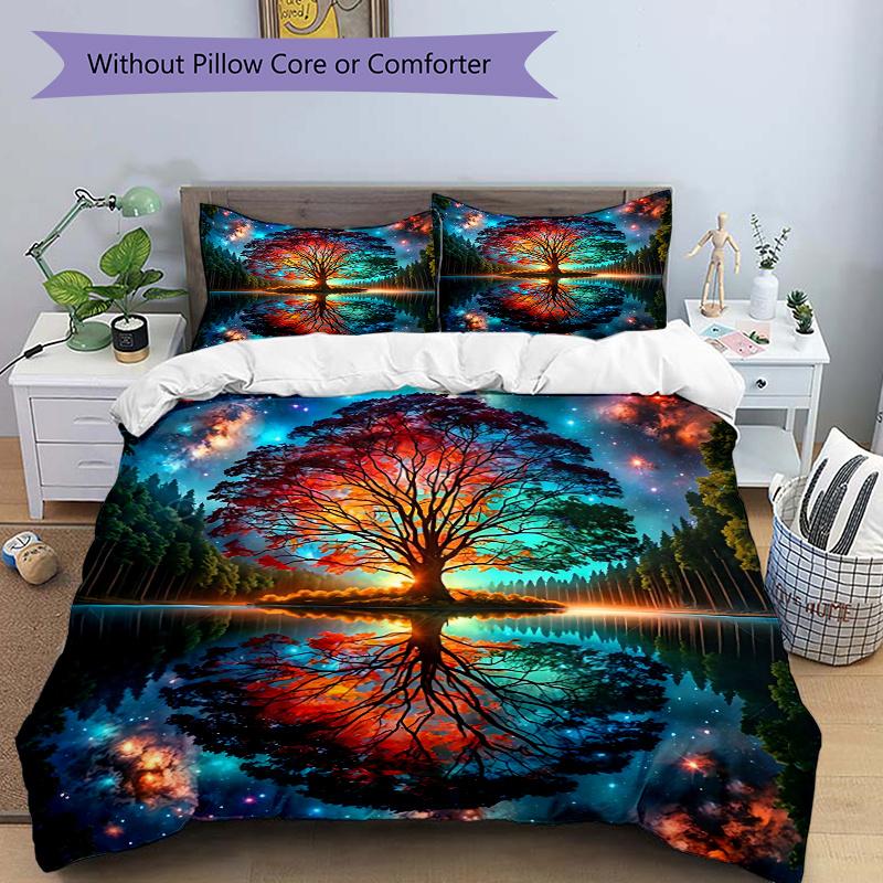 3pcs The Enchanted Tree in a Dreamlike Forest Pattern Bedding Set, 1* Cover + 2*Pillowcases, Printed Bedding Set, Soft