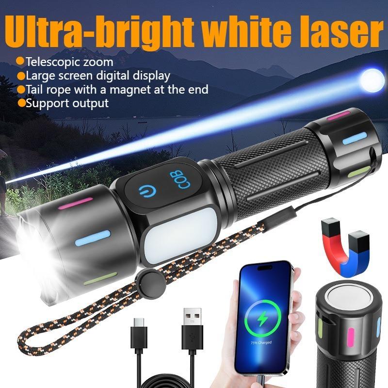 USB Oppladbar Lommelykt COB Sidelys Batteriindikator Teleskopisk Zoom Supersterk for Camping Fotturer Nødlys