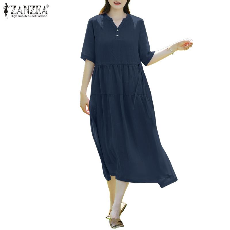 ZANZEA Women Casual V-Neck Half Sleeve Solid Color Loose Long Dress