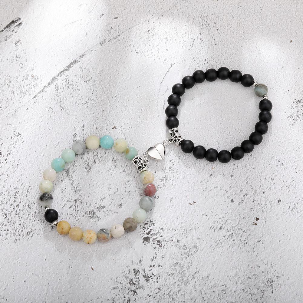 Heart Magnetic Couple Bracelet: Natural Stone, White Pine, and Tiger Eye Beaded Jewelry for Women
