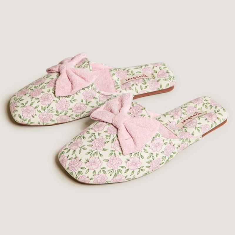 Fashion Sweet Bow Decorative Design Flat Slippers Women Winter Warm Fluffy Home Cotton Slippers Comfortable Lightweight Non-slip Slipper