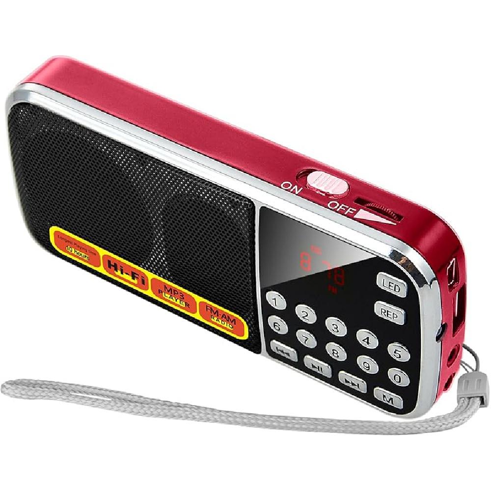 

Небольшое портативное радио AM FM, поддержка USB флэш-накопителей/карт памяти micro SD, воспроизведение MP3, цифровые кнопки, карманное радио с басовой мембраной и отличным приемом красный