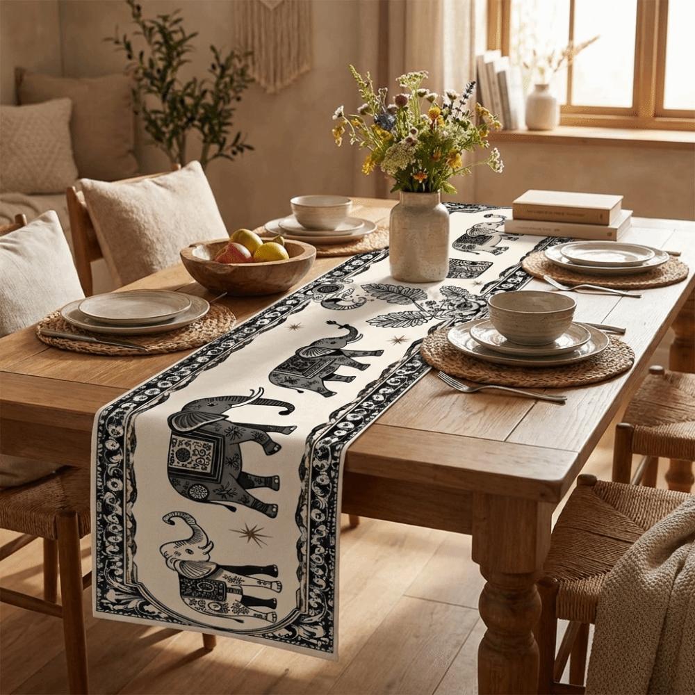 Peony Floral Dinning Table Runner Rectangular Elephant Print Table Cover Wedding Parties