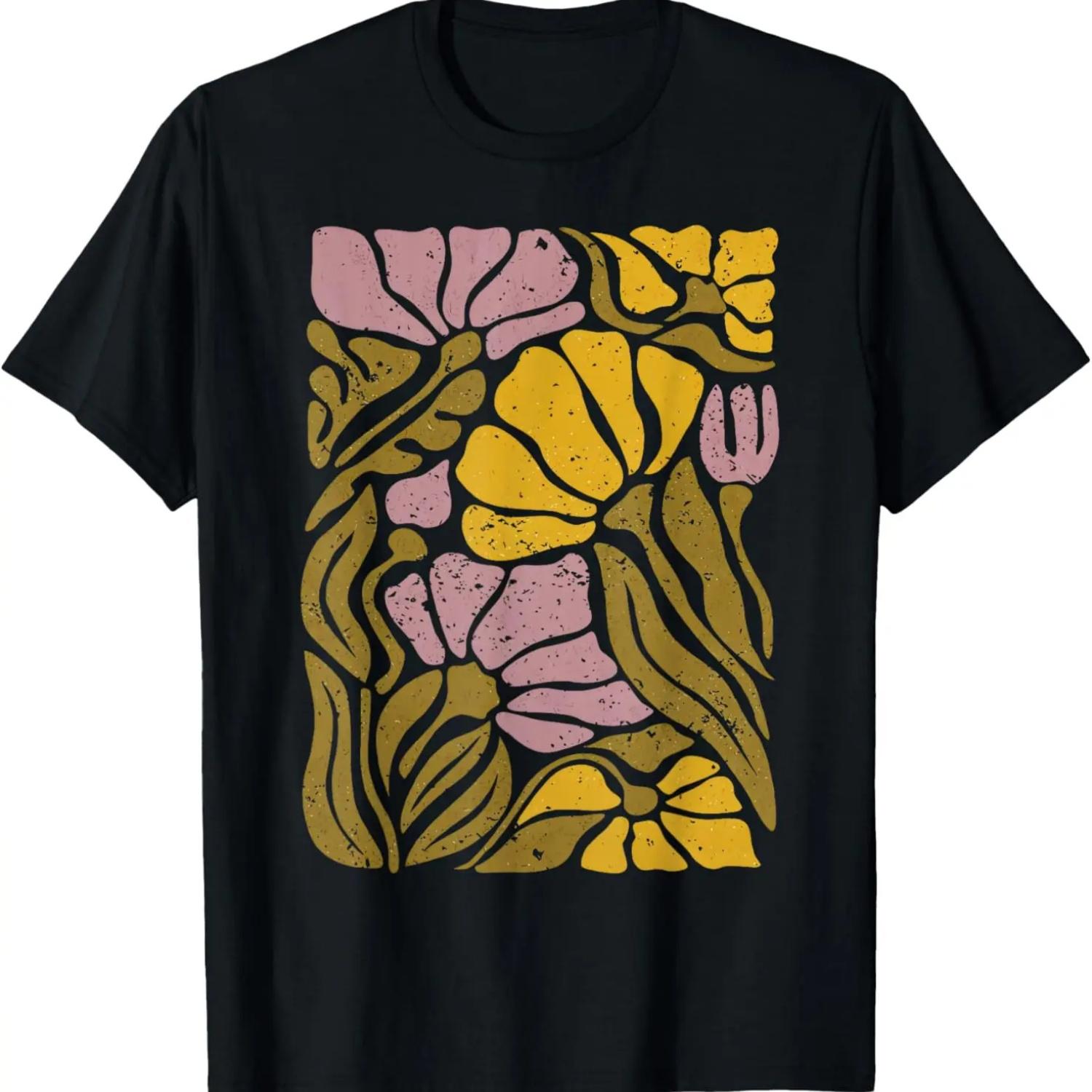 

Бохо Футболка с цветами, Ретро Ботаническая Футболка Садовника с полевыми цветами XXXXXL чёрный