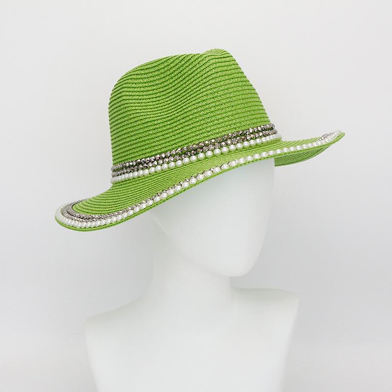 Woven Lafite Pearl Straw Hat British Style Hot Diamond Top Hat Outdoor Trend Sun Protection Big Brim Sun Hat