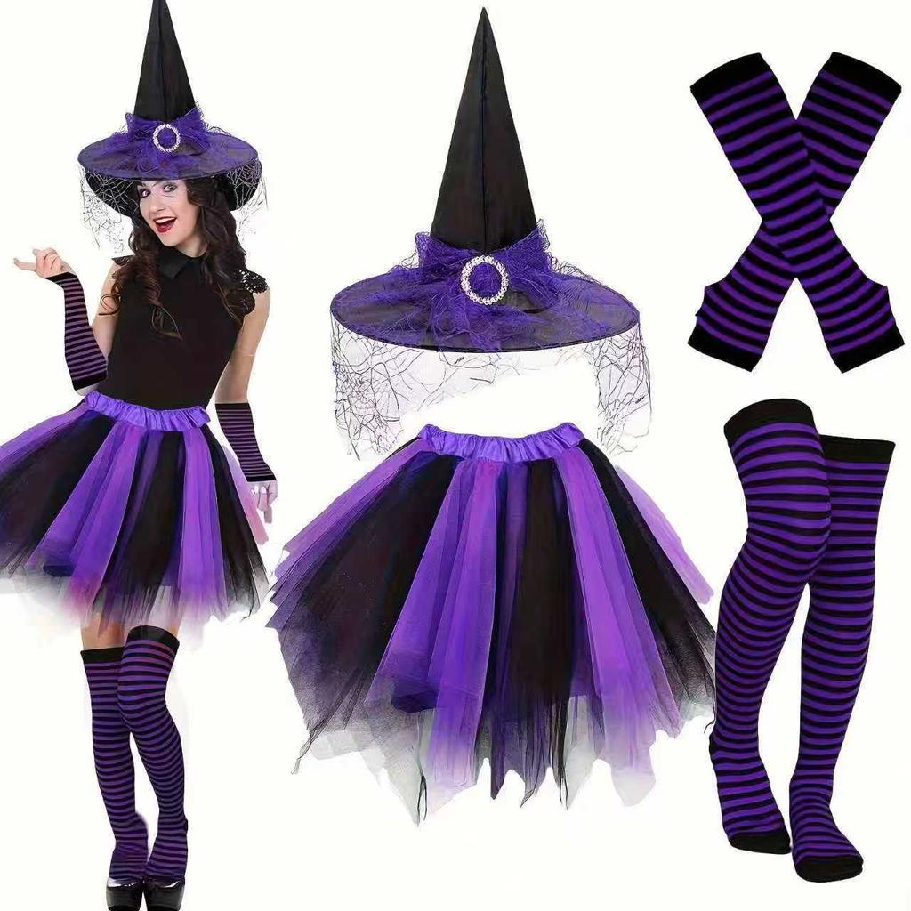 Halloween Party Festive Witch Hat Striped Stockings Trouser Set Hat Set