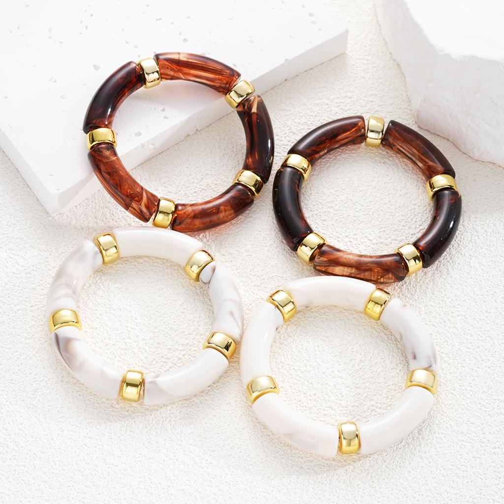 4 Pcs Bamboo Tube Resin Bracelet Set For Women Acrylic Curved Tube Bracelets Plated Stackable Wristband Trendy Boho Jewelry