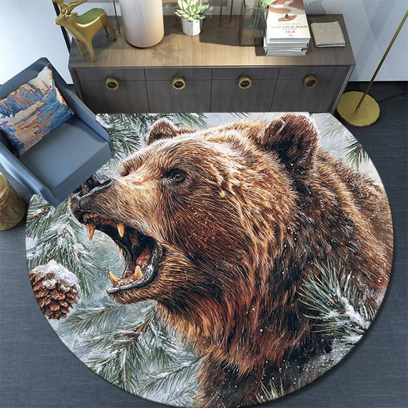 Grizzly Bear Round Area Rug,Carpet Rug for Living Room Bedroom Sofa Playroom Decor,Non-slip Floor Mat