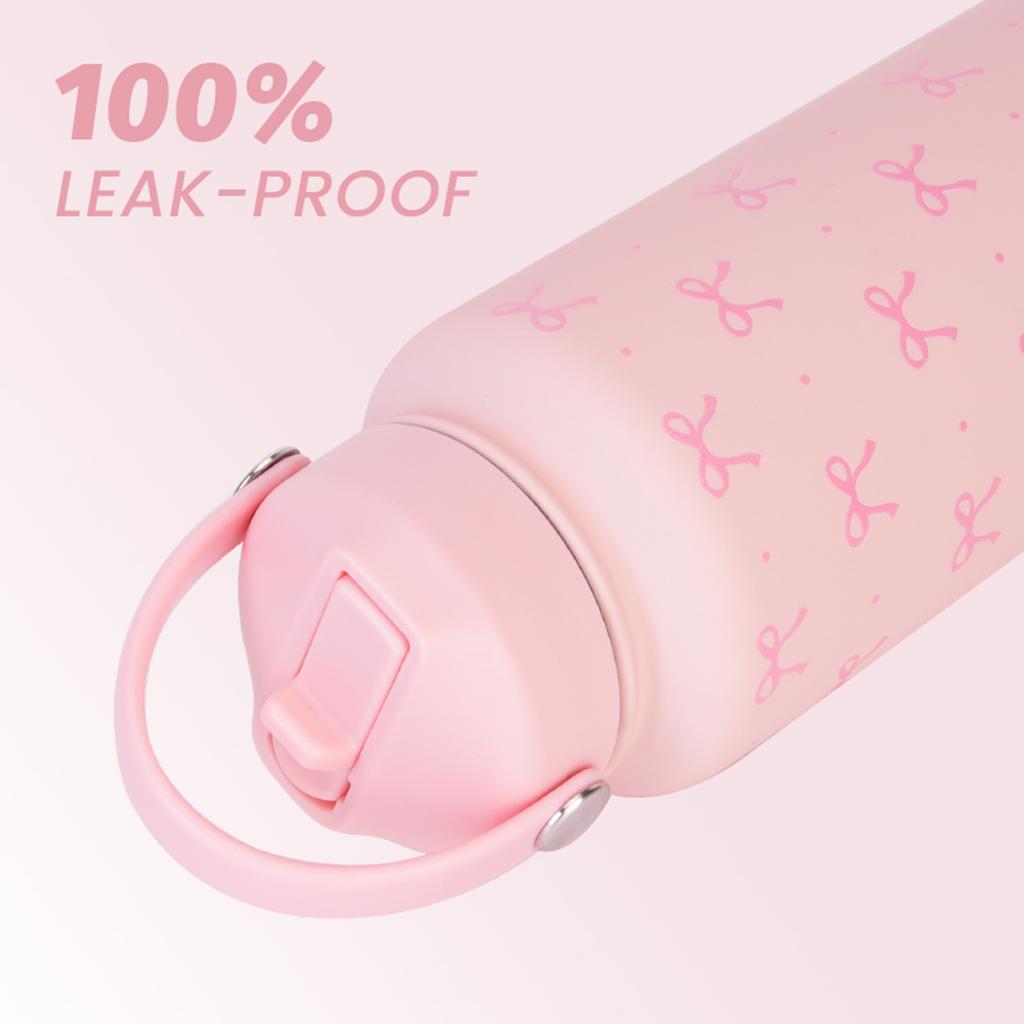 1L Insulated Water Bottle with Flip Straw and Handle Pink Bow Vacuum Insulated Sports Bottle for Travel Gym and School