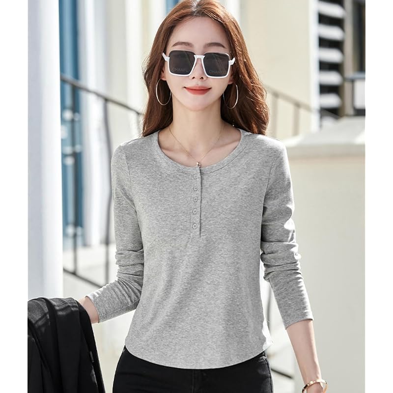 [JHIJSC] t-shirt ladies long sleeve spring cotton tight Plain color Fashionable cute big size (JP, alphabet, L, gray)