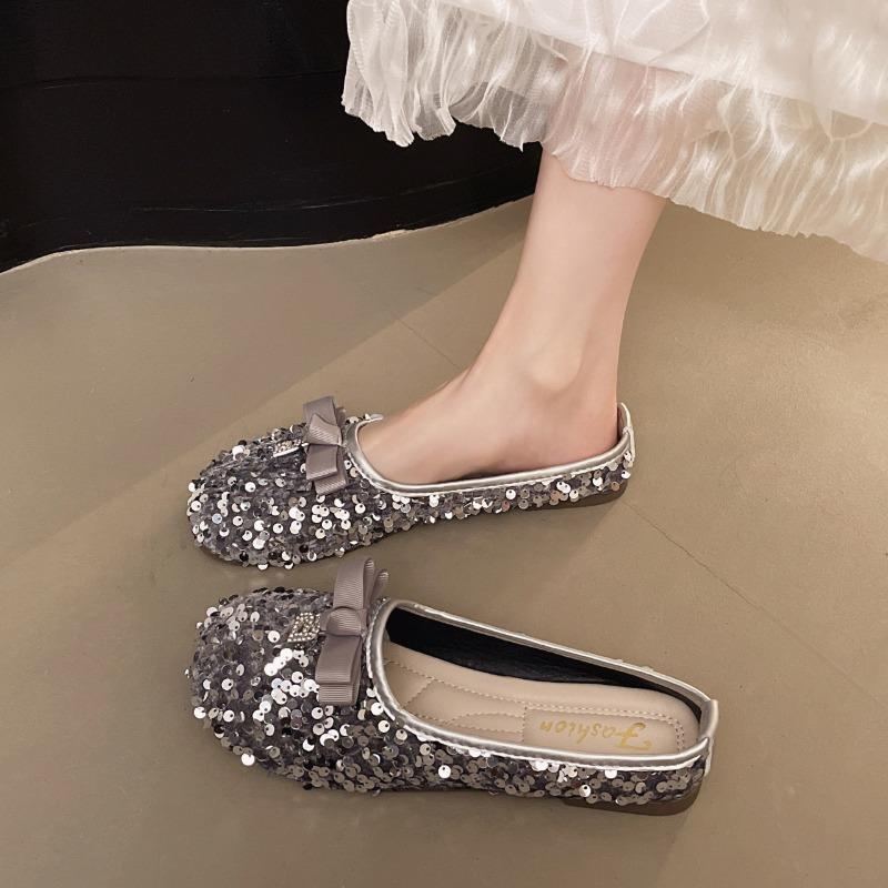 Fashion 2025 Shiny Sequin Slippers Women's Retro Style Flat Bottom Butterfly Knot Casual Summer Sandals Half Slip On Shoes