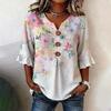 Women T-shirt Regular Fit V-Neck Half Sleeve Summer Tee 3D Digital Flower Print Pullover Tops Daily Wear