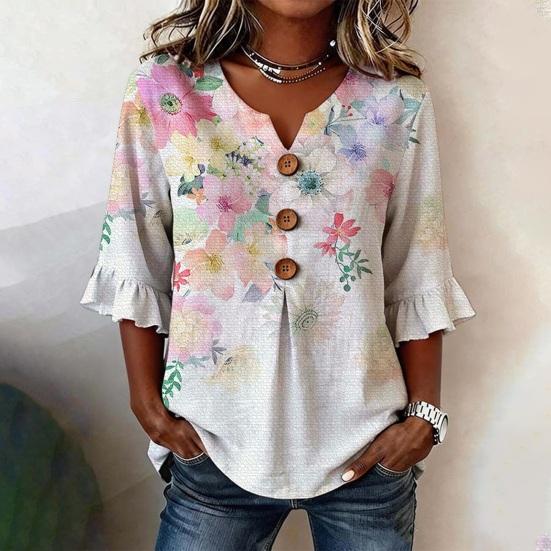 Women T-shirt Regular Fit V-Neck Half Sleeve Summer Tee 3D Digital Flower Print Pullover Tops Daily Wear