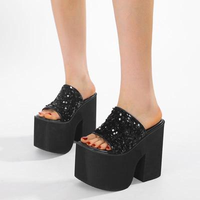 Breite Fuß Chunky Heel Sandalen Für Damen Schwarze Plateau Offene Zehen Hohe Absätze Hausschuhe Pailletten Schuhe Sandalias Mujer Slip On