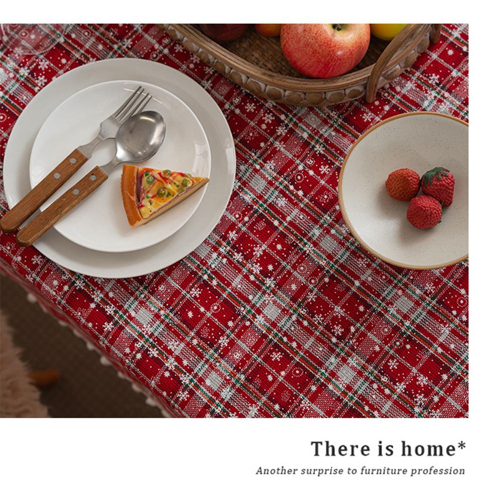 Christmas Red Grid Tablecloth White Snow Ornamental tassel Table Vintage Dining Table Cover For kitchen Party Birthday Decor