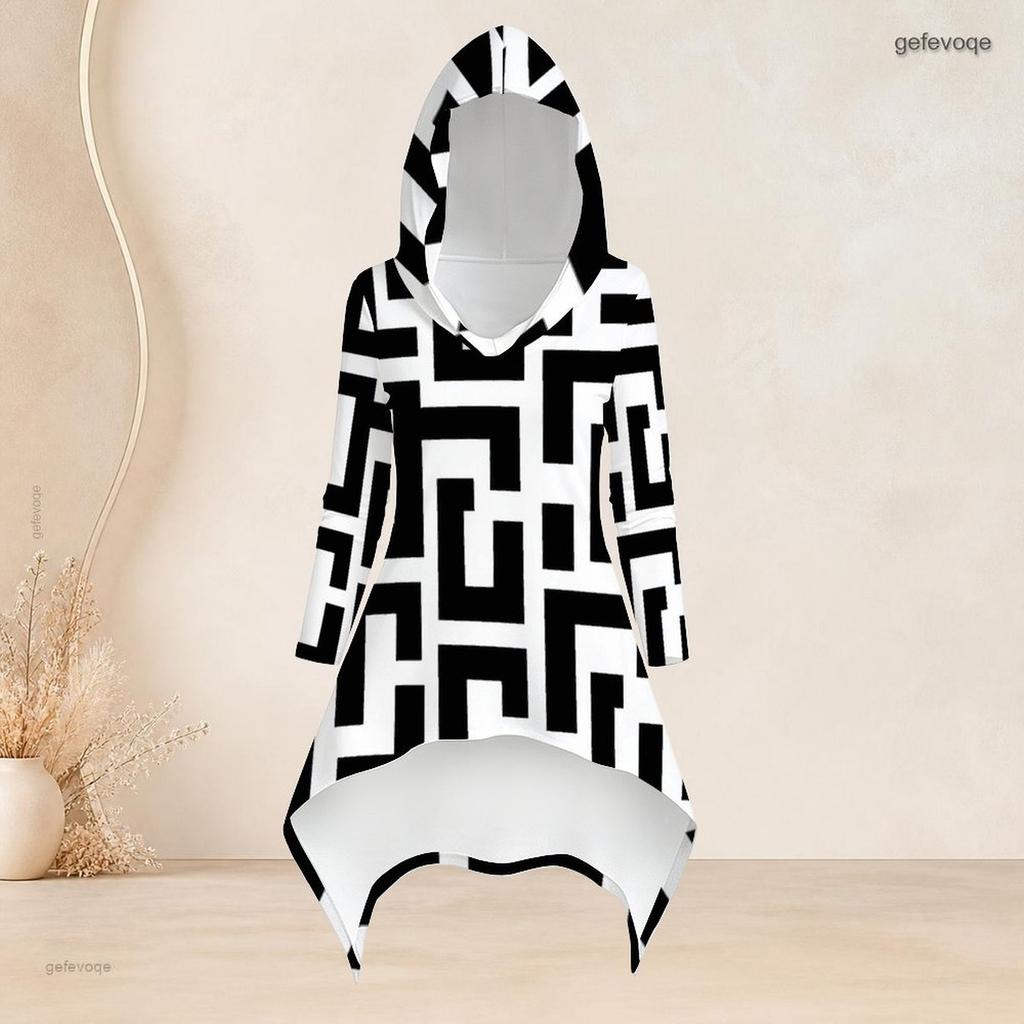 Women Plus Size Two Piece Set Hooded Long Sleeve Abstract Printed High Low Top And Fitted Pants