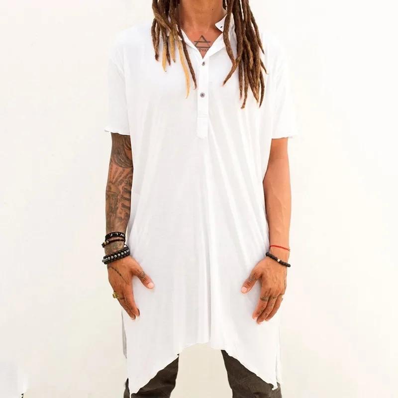 Summer T-Shirts Men Vintage Irregular Ripped Design Men's Long Casual Button O-Neck Short Sleeve Tops Streetwear Men Fashion Tees