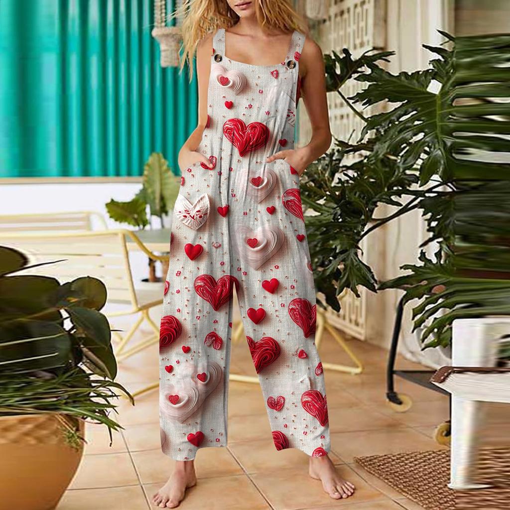Women's Casual Jumpsuit Valentine's Day Heart Printed Cotton Jumpsuit