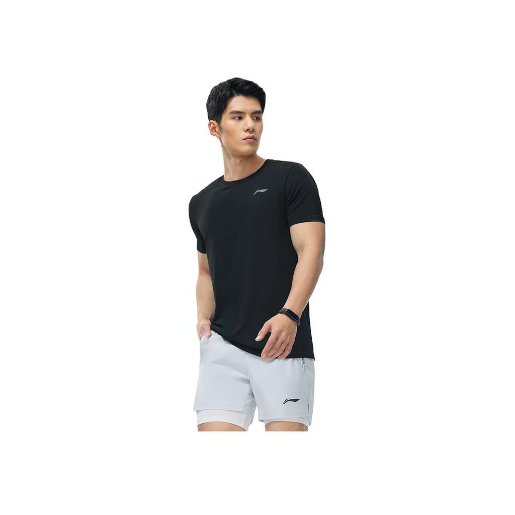 Li Ning Running Series Solid Color Logo Print Round Neck Short Sleeve T-Shirt Men Tops Black ATST077-1