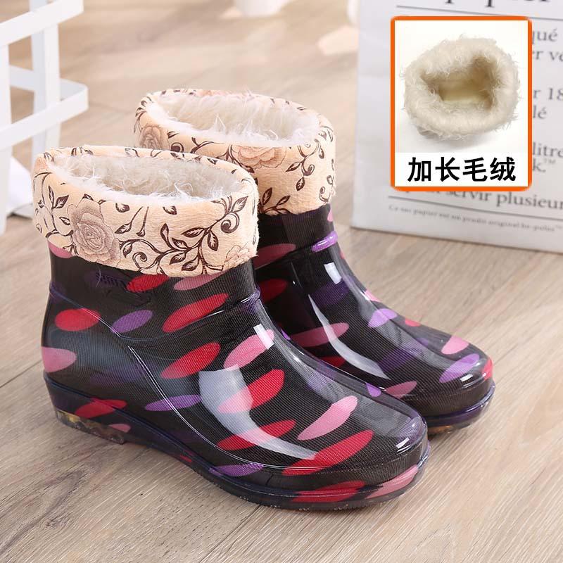 Fleece short rain shoes water shoes women wear waterproof rain boots non-slip shoes light car wash work water boots warm rubber shoes