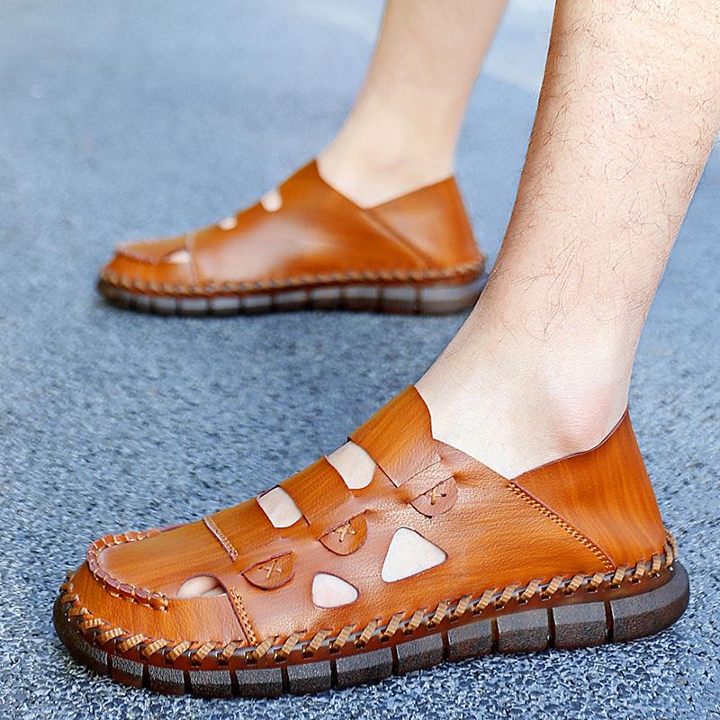 New Arrival Leather Male Hollow Out Beach Shoes Comfortable Walking High Quality Summer Handmade Sandals Mens Slip on Sandals