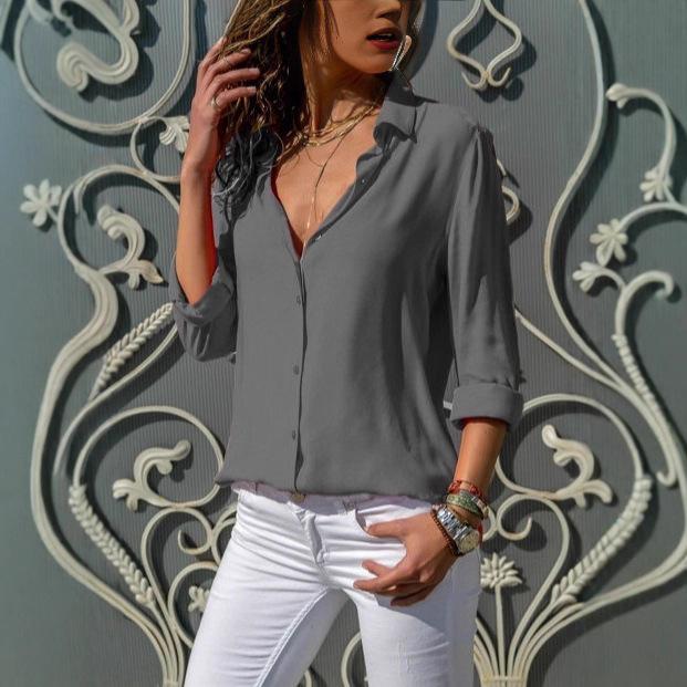 Long Sleeve Women's Deep V Button Chiffon Shirt Slim Fit Celebrity Style Inside Temperament Commuter