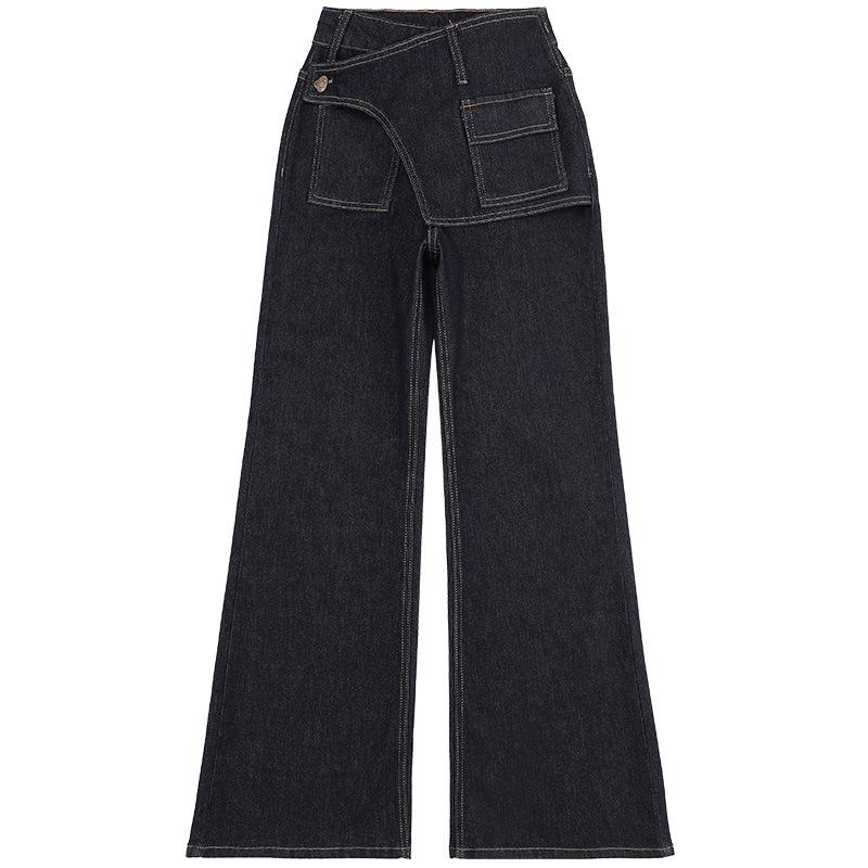 Dark blue retro asymmetric waist seal design sense slightly pull jeans women's autumn and winter 11 new fake two-piece wide-leg pants