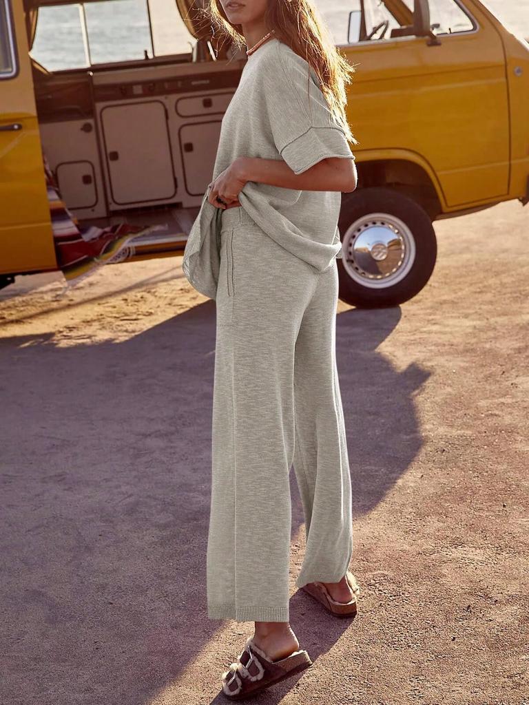 Women's Two Piece Travel Lounge Set Short Sleeve Knit Pullover and Wide Leg Pants Tracksuit
