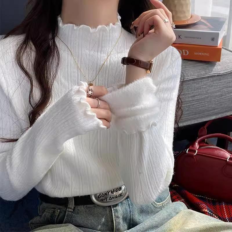White Bottomed Shirt Women's New Autumn and Winter with Semi-turtleneck Sweater with Fungus Edge Knitted Sweater Top