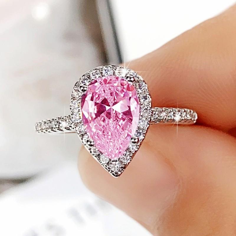Pink/Crystal Waterdrop Cubic Zircon Rings for Women Classic Design Eternity Wedding Engagement Rings Silver Color Jewelry
