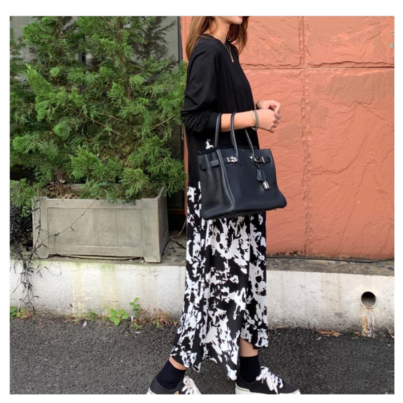 Tooxika Women's Large Size Long Sleeve T-shirt Splicing Printed Large Swing Dress Round Neck Fake Two-piece Long Dress