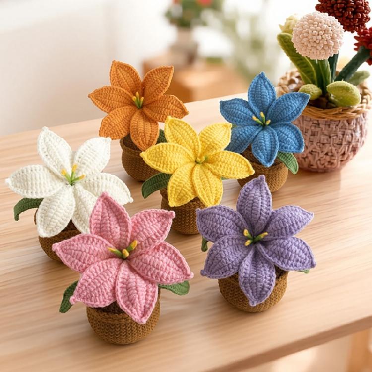 Crocheted Lilies Potted Plant Home Decors Artificial Knitted Flower Pot Ornament for Mother Day Teacher Appreciation Gift
