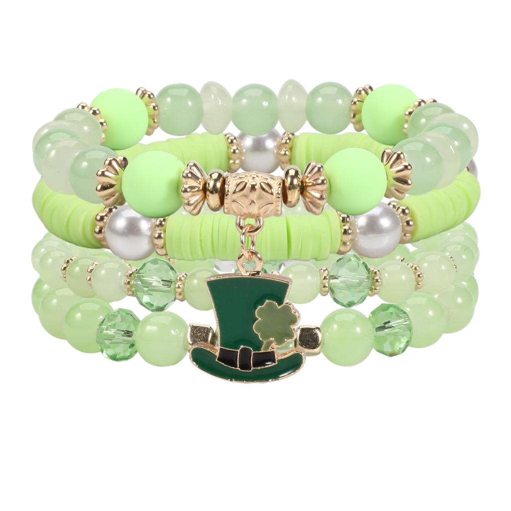 St. Patricks Day Bracelets Handmade Beaded Stackable Bracelet Irish Green Leaf Hat Lucky Shamrock Charm Bracelet for Women