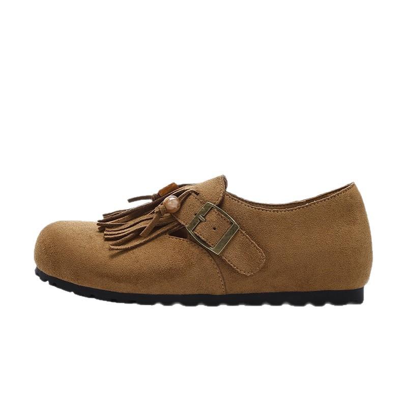 Flat Bottom One Pedal Fringed Shoes Women Wear Spring and Summer Retro Mori Bag Head Half Drag Muller Single Shoes Good-looking Versatile Women