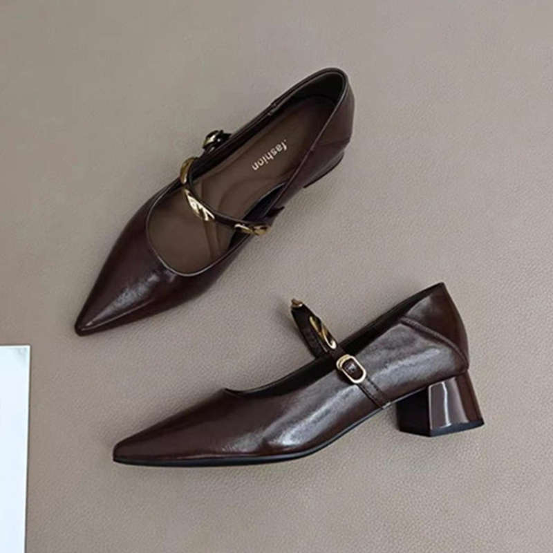 French brown pointed thick heel single shoes women's spring and autumn new retro metal one-word with light mouth Mary Jane shoes