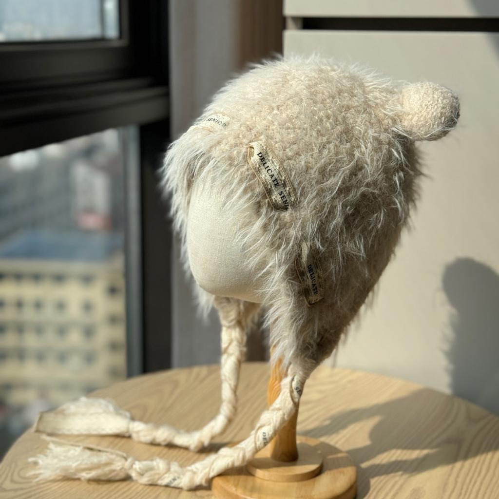 New Cute Bear Ear Plush Hat Women's Autumn and Winter Thickened Warm Ear Protective Hat Cute Face Revealing Small Knitted Hat