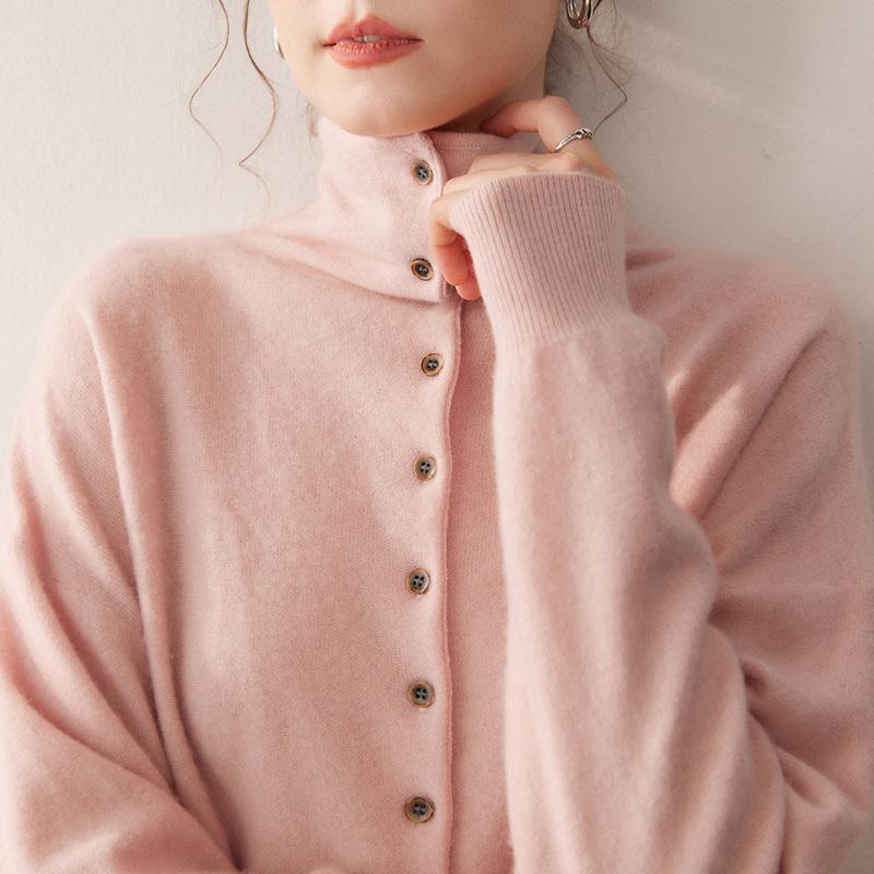 Women's Loose Fit Cashmere Wool Cardigan - Autumn/Winter High Neck Multi-Button Knit Sweater Jacket