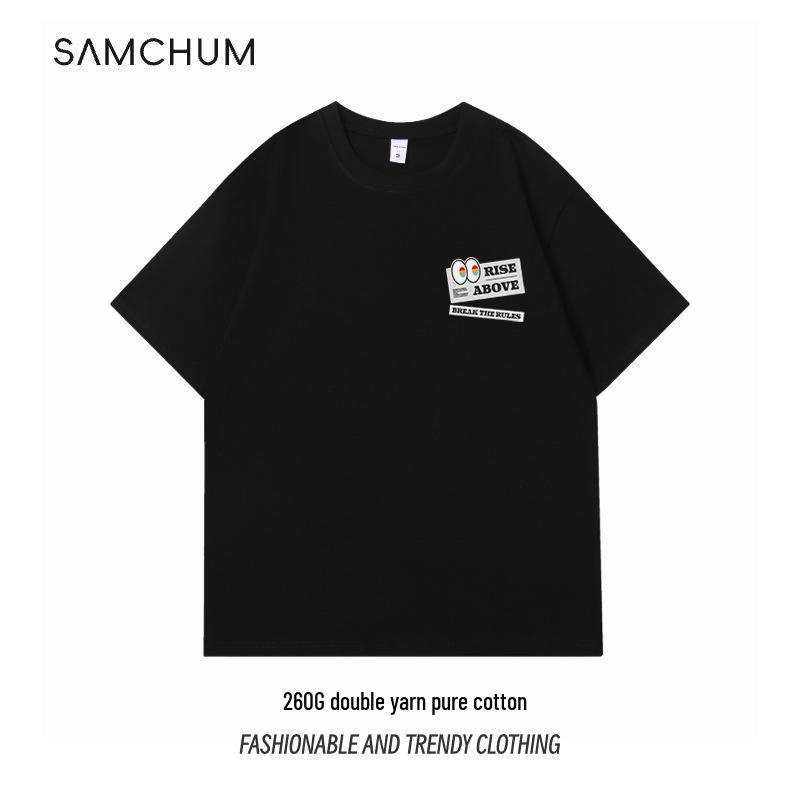 25 Новых футболок из чистого хлопка двойной пряжи 260 г Мальчики Круглый вырез Короткий рукав Оригинальный дизайн Американский уличный кэжуал XL чёрный 2097₽