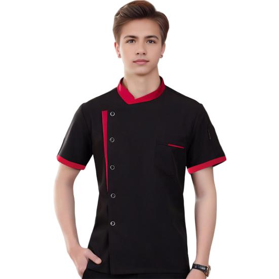 Unisex Chef Shirt Soft Breathable Stand Collar Single-breasted Short Sleeves Chest Pockets Restaurant Diner Kitchen Cook Top
