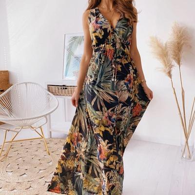 Sexy plážové šaty bez rukávov s potlačou rastlín a kvetov Ženy Letné Ležérne Voľné dámske šaty s výstrihom do V na dovolenku Vestidos 25434