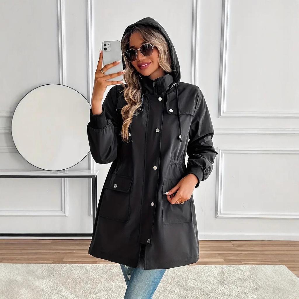 European and American Women's Clothing Elegant Casual Drawstring Waist Hooded Zipper Jacket Long Trench Coat