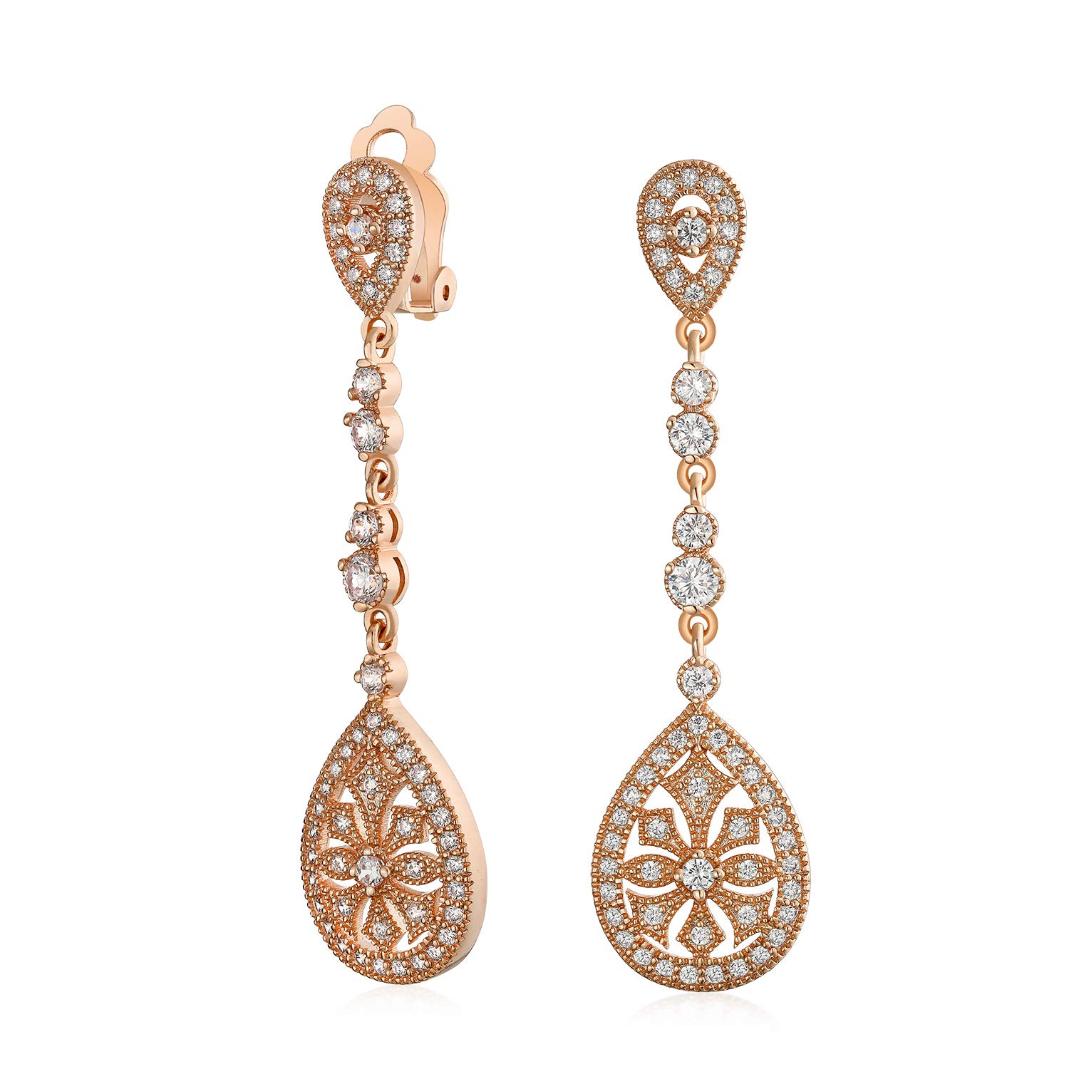 

Art Deco Style Bridal Tear Cubic Zirconia Prom Pageant Statement Dangle Chandelier Earrings Rose Gold Plated Brass