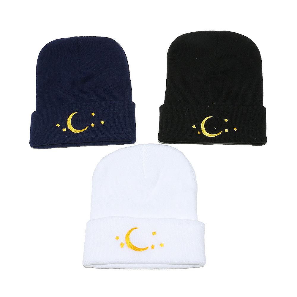 Beanie Trendy Versatile Wool Hat Beanie Star Moon Embroidery Knitted Hat Pullover Hat Men and Women