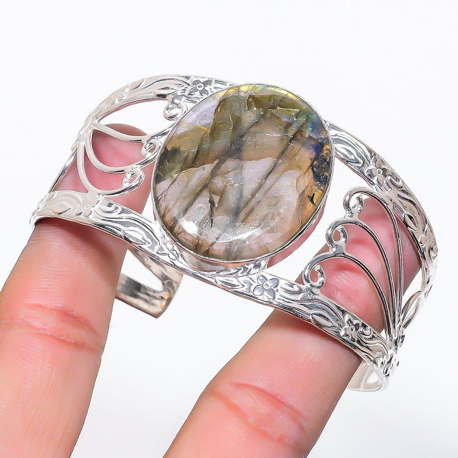 Natural Labradorite Gemstone 925 Sterling Silver Cuff Bangle Adjustable P7p52