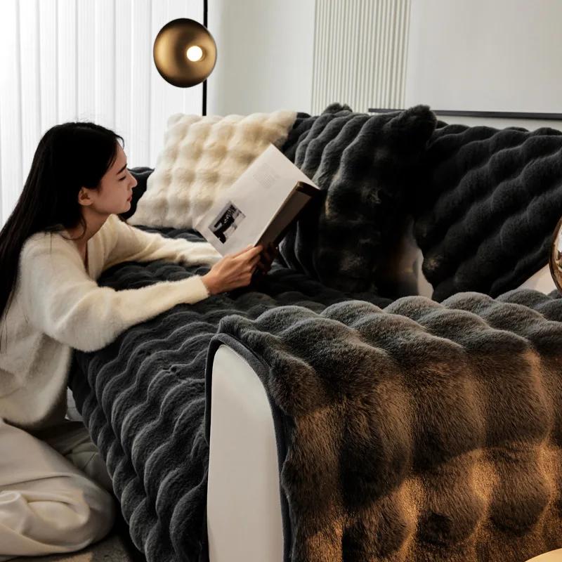 Warm Velvet Non-Slip Cushions Winter Thick Plaid Plush Sofa Cover  Living Room Flannel Couch Covers Universal Armrest Back Towel